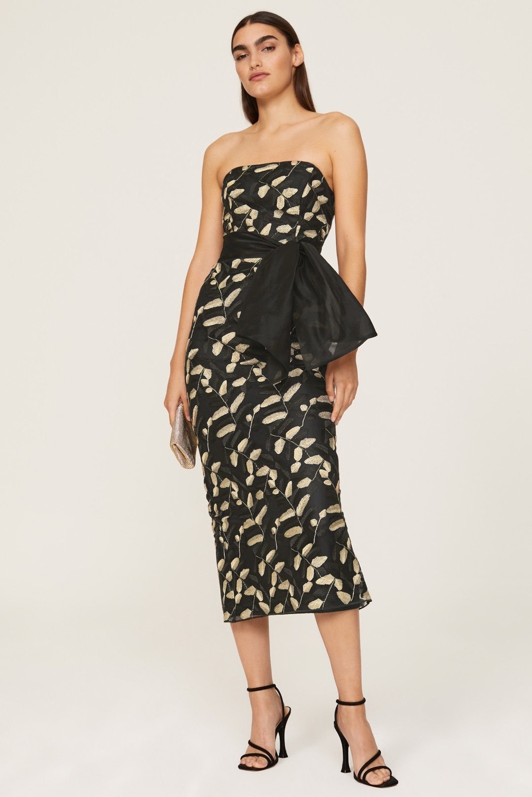 Rtr Sz 4 Shoshanna Valerie Black Gold Leaf Strapless Bow Waist Midi Dress